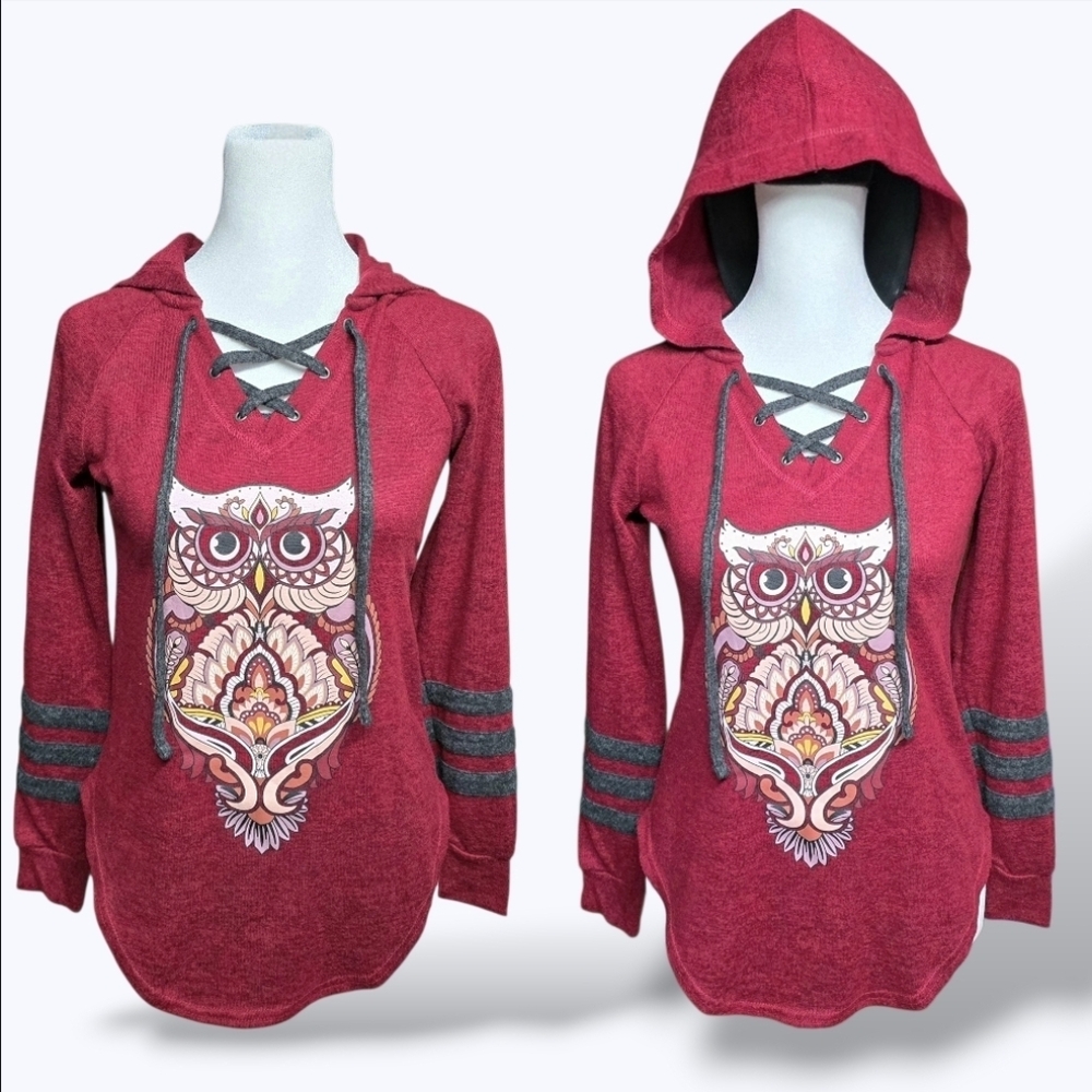 🔵 NWOT No Boundaries Burgundy Black Stripes Stylized Mandala Owl Hoodie Small